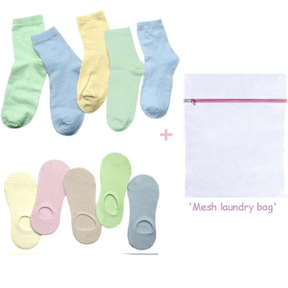 Girls (4-7 years) 5 Pastel Ankle Socks & 5 Crew Socks & Mesh Laundry Bag