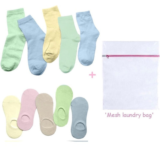 Girls (4-7 years) 5 Pastel Ankle Socks & 5 Crew Socks & Mesh Laundry Bag