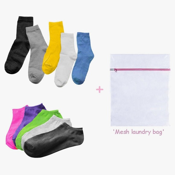 Girls (4-7 years) 5 Pairs of Mixed-Color Ankle Socks & Mesh Laundry Bag