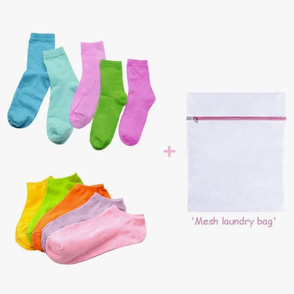 Girls (4-7 years) 5 Pairs of Colorful Ankle Socks & Mesh Laundry Bag