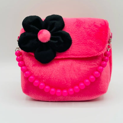 Pink Plush Kids Bag with Black Flower Accent