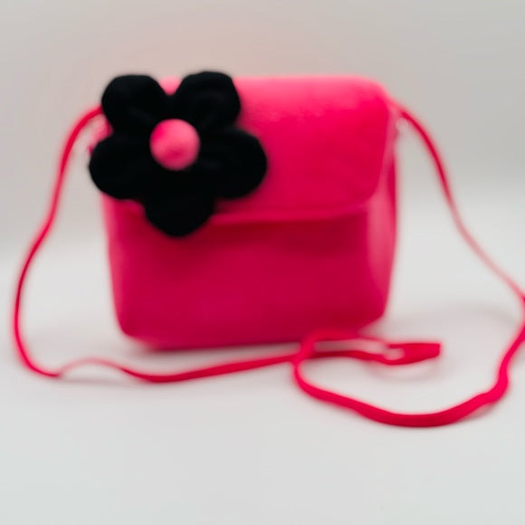 Pink Plush Kids Bag with Black Flower Accent