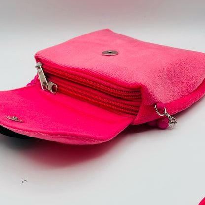 Pink Plush Kids Bag with Black Flower Accent
